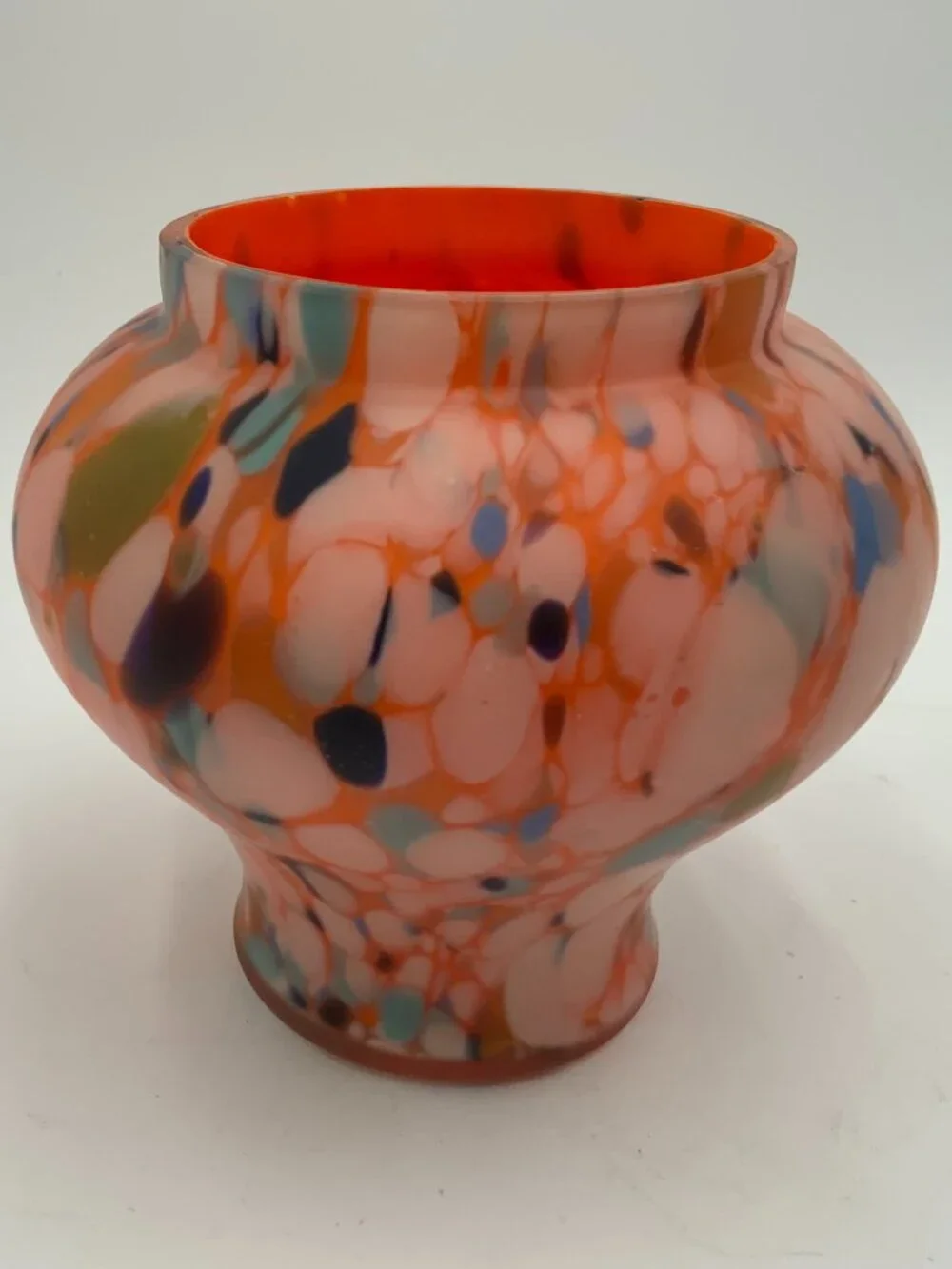 Vtg Czech Art Deco Splatter Glass Posey Vase Orange Blue Melon Bohemian Kralik